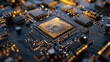 © Chaikit - Central processing unit, gold contacts, microchips, transistors, binary code streams, data processing visualization, abstract technology, intricate details, close-up view.