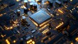 © Chaikit - Central processing unit, gold contacts, microchips, transistors, binary code streams, data processing visualization, abstract technology, intricate details, close-up view.