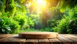 © ruangrit19 - Empty circular wooden product stage on a natural wooden table in a vibrant green tropical jungle setting with sunbeams.