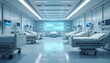 © Viktor - Futuristic hospital ward with beds, tech. Modern medical center room equipped with computer screens displaying data. Clean sterile clinic uses digital equipment, devices for monitoring patient