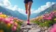 © Viktor - Female runner exercises on a path. She wears shorts and running shoes. Spring flowers bloom alongside the trail. Mountain range and sky in background.