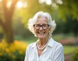 © Viktor - Smiling senior woman with white hair, glasses, pearl necklace looks joyful outdoors in sunny park setting. Elder lady wears white shirt, embodying well-being. Shows healthy aging, happiness, content,