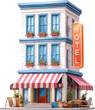 © ABDUL - Hotel building facade with striped awning isolated on transparent background
