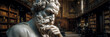 © Alberto Masnovo - Extreme close-up, portrait of a photorealistic white marble statue of a contemplative old philosopher in an ancient library. A tribute to wisdom, literature, and ironic reflection. Generative Ai.