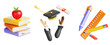© marozhkastudio - 3d set of school and education icon render. Book stack with apple, hands of happy students throw up graduation cap and diploma scroll, stationery supplies - pen, pencil, ruler, eraser