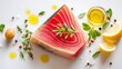© Chatchanan - Cooking fresh tuna steak with olive oil herbs and lemon culinary enthusiasts food photography bright kitchen gourmet meal