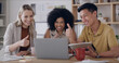 © peopleimages.com - Meeting, laptop and business people in office with thumbs up for project collaboration or publishing. Discussion, tablet and editor group with tech for creative feedback, review or draft approval