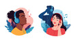 © Scotta - People wearing headphones listening to music with closed eyes, cartoon style illustration, showcasing different cultures, music enjoyment, and sound experience.