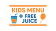 © Art Fusion - Flat vector banner design text KIDS MENU FREE JUICE supporting icons of cup straw and balloon orange and blue tones isolated on white marketing approved bright palette with balanced