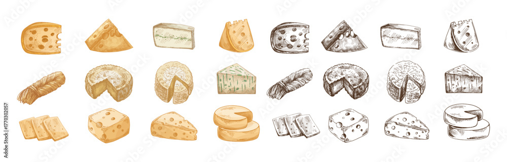Hand drawn vintage sketch set of assorted cheese types including wedge ...