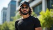 © Maryna - Stylish bearded man poses in city street. Guy wears black cap and sunglasses. He dressed in casual tshirt. Buildings and trees behind him create urban background. Male portrait looking at camera.