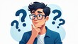 © Maryna - Cartoon illustration of a young man with glasses thinking surrounded by question marks. Guy ponders a solution makes a decision isolated on white background. Casual clothing person concept.