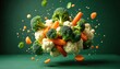 © Maryna - Floating composition fresh vegetables broccoli cauliflower carrots. Healthy food concept with dynamic movement. Freshly cut vegetables in studio setting against green background. Cooking healthy meal.
