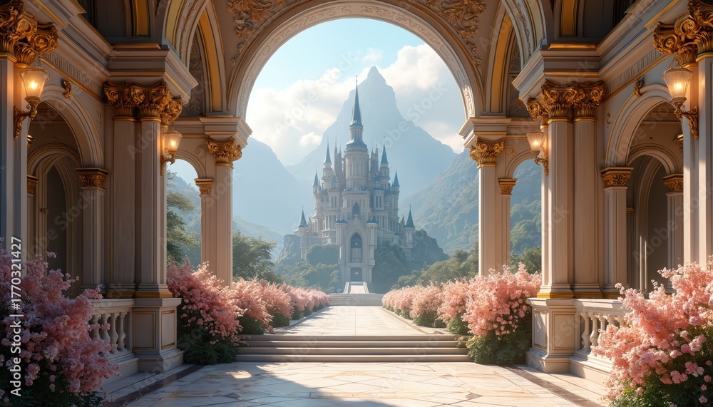 Majestic castle view from ornate palace. Architecture displays grandeur ...