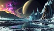 © Moh Bintara Yuda - Vibrant cosmic landscape of an icy alien planet, showcasing a majestic ringed gas giant under a colorful nebula sky, with dramatic ice formations and reflective surfaces, an epic space vista