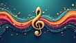 © Maryna - Golden treble clef floats over abstract colorful wavy sound stream with musical notes and stars. Festive background for melody creation celebration. Abstract illustration art.