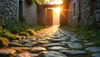 © Maryna - Stone pathway leads to open gate bathed in warm sunlight. Lush green grass grows between weathered cobblestones. Ancient stone walls line the narrow path creating a serene atmosphere for exploration.