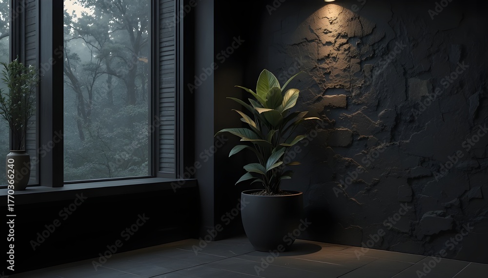 Moody Japandi interior corner with a tall artificial snake plant in a ...