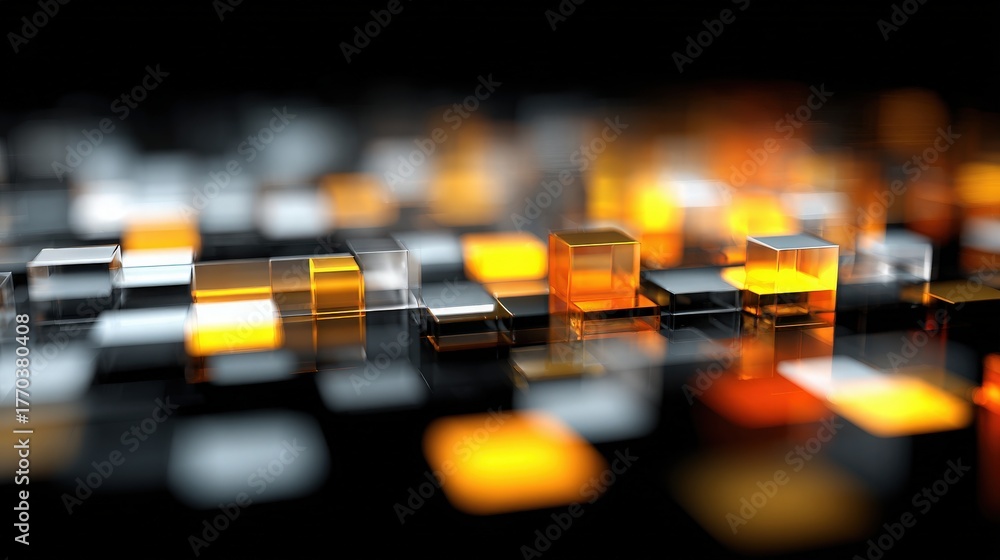 Small cubes in various shades of orange and clear glass scatter across a dark surface, reflecting light. The arrangement forms a vibrant, abstract pattern that captivates the eye.
