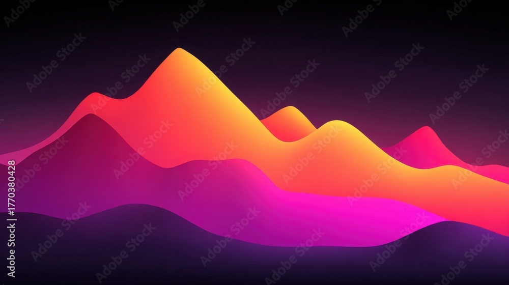Vibrant peaks rise against a dark background, showcasing a blend of pink, orange, and purple hues. The smooth curves create a dynamic and lively atmosphere, evoking feelings of energy and creativity.