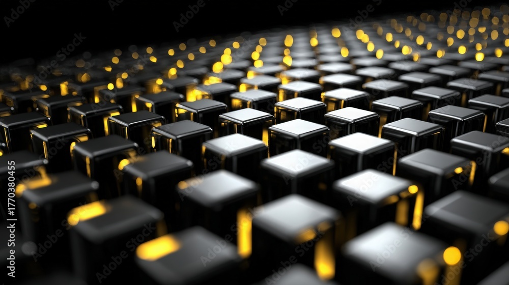 A captivating array of black and gold blocks creates a striking visual effect. The blocks are arranged in a neat grid, with some illuminated from beneath, adding depth and interest to the design.