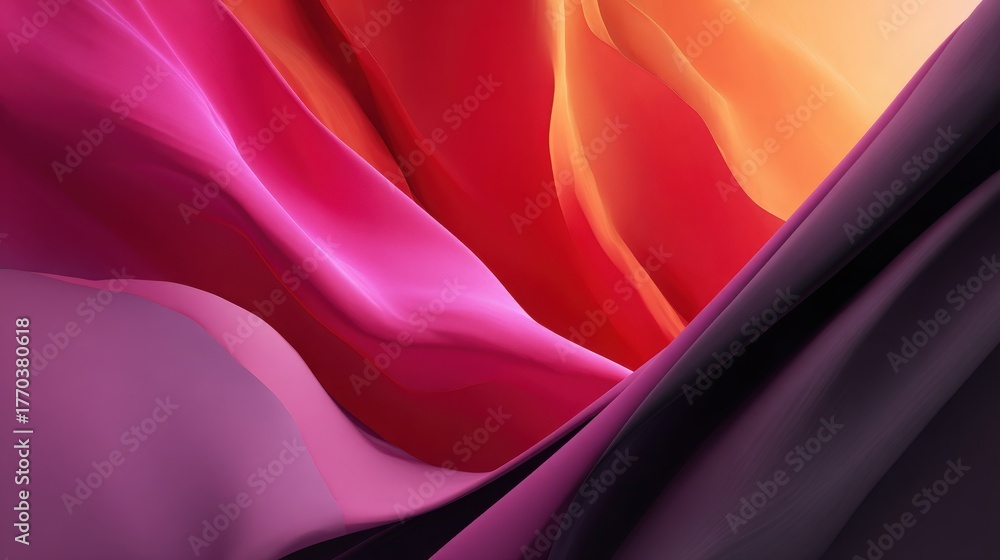 Colorful waves of fabric create a dynamic abstract scene. The smooth textures blend shades of pink, red, and purple, evoking a sense of movement and energy in an artistic display.