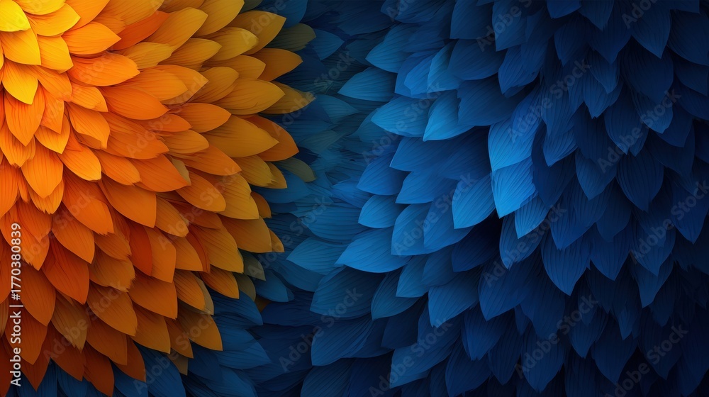 Two clusters of vibrant petals in orange and blue fill the space with rich colors. The texture adds depth, making the design suitable for various artistic projects.