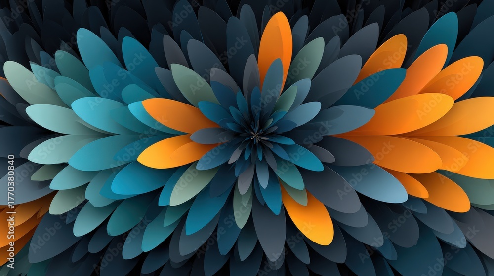 This artwork features layers of petals in vibrant shades of blue and orange, arranged in a stunning abstract pattern. The design creates a sense of depth and movement, captivating the viewer.
