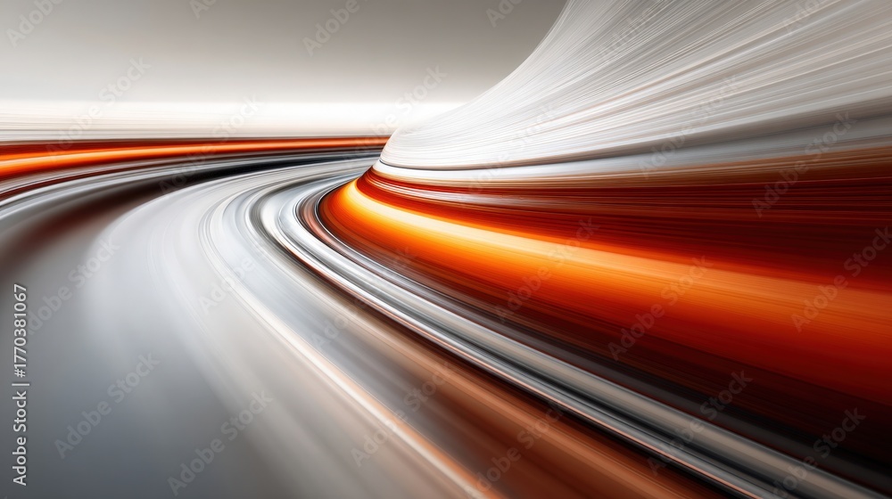 Curved lines flow seamlessly across the scene, creating a sense of motion and energy. The blend of colors, especially shades of orange and gray, adds depth and intrigue.
