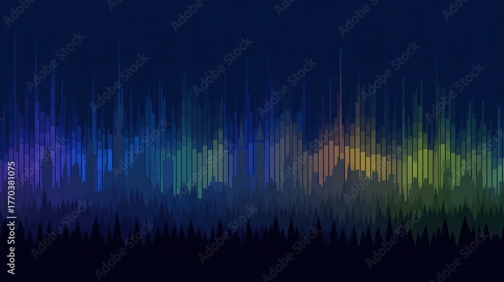 Visual representation of sound waves in vibrant colors showcasing an audio spectrum. The background features shades of dark blue and transitions to colorful peaks, creating a dynamic effect.