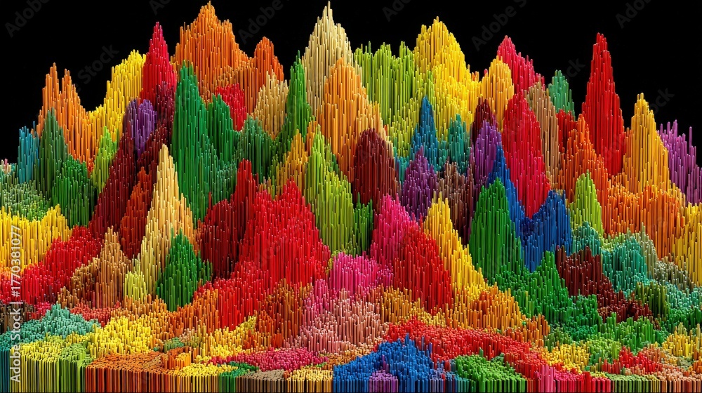 This visual showcases a stunning array of colorful peaks and valleys formed by geometric shapes. The bright colors blend beautifully, creating a lively and captivating scene.