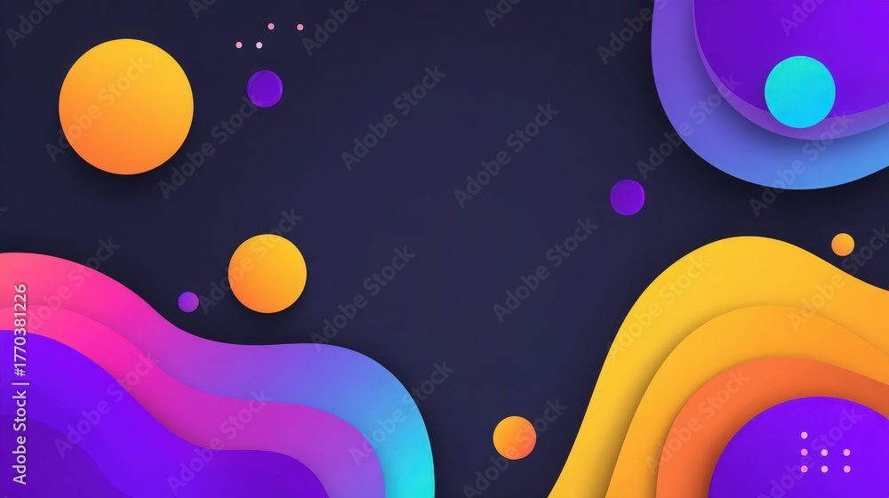 Bright colors blend in a vibrant abstract design featuring smooth shapes and circles against a dark backdrop. The composition suggests a playful and dynamic atmosphere, suitable for creative projects.