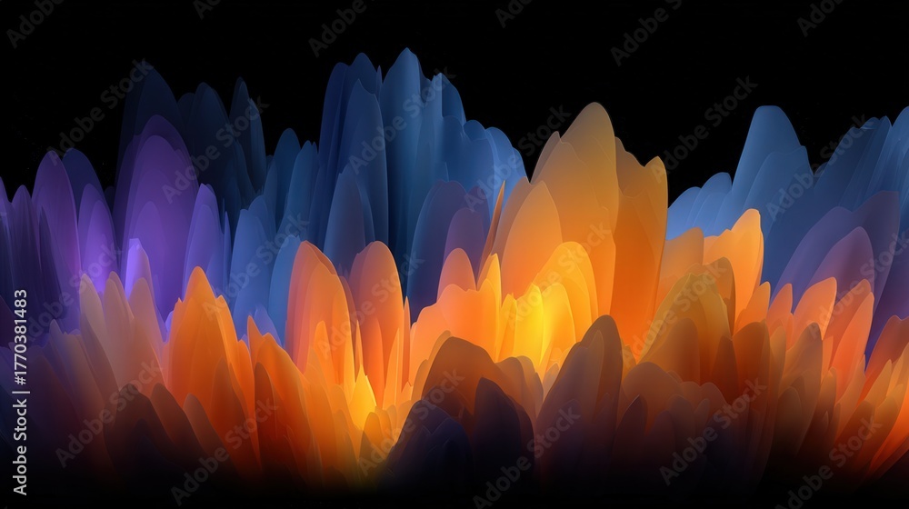 An abstract design features layered shapes that resemble waves. Bright hues of orange, blue, and purple create a striking contrast against a dark background, forming an engaging visual scene.
