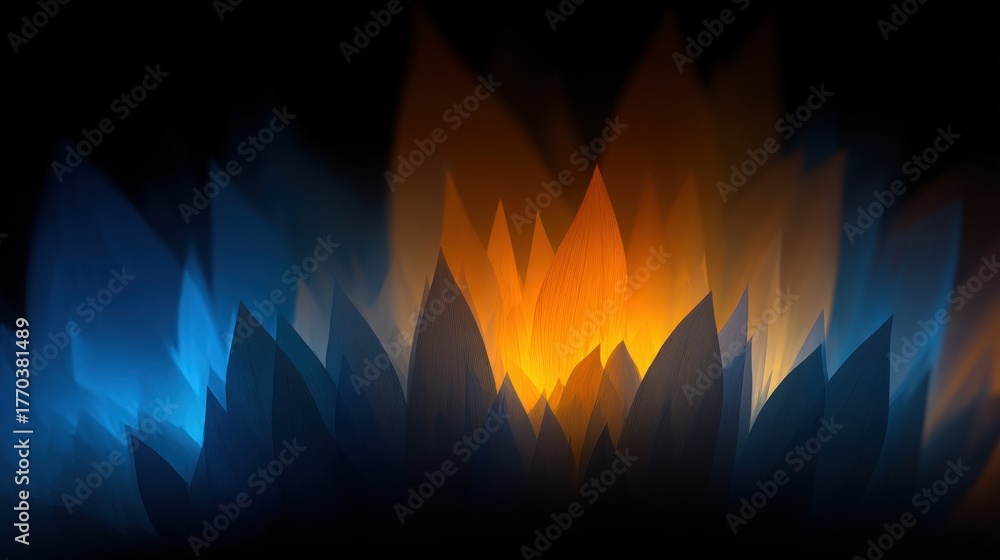 Colorful abstract flames in shades of blue and orange create a striking contrast against a dark background. The design appears dynamic and energetic, evoking a sense of motion and intensity.
