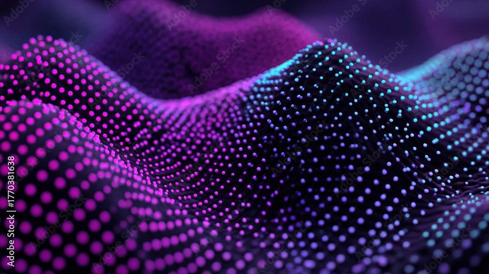 A mesmerizing wave-like landscape formed by countless dots in shades of purple and blue. The dots create a three-dimensional effect, adding depth and motion to the visual experience.