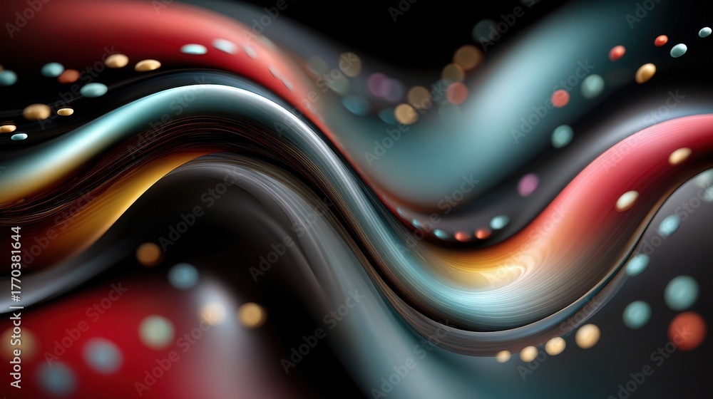 Swirling patterns of red, blue, and gold create a dynamic abstract design. Dots of various colors add depth and interest, giving a sense of movement and energy.