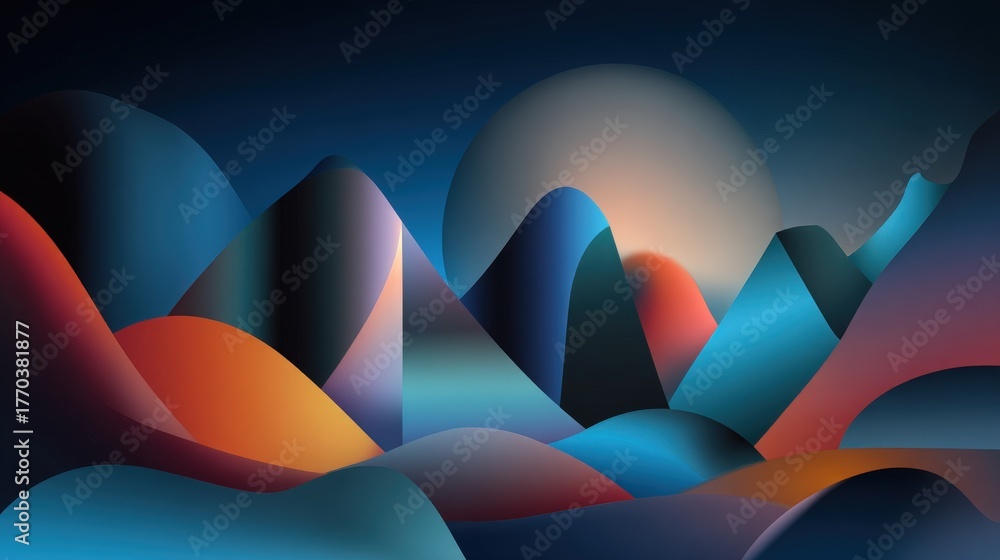 Smooth hills and colorful peaks create a stunning dynamic landscape at twilight. The vibrant shades of blue, orange, and purple contrast against the deep night sky, creating a serene atmosphere.