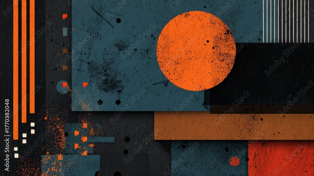 This artwork features a blend of bold shapes and textures, including circles and rectangles in shades of orange, blue, and black. The composition creates a dynamic visual experience full of depth.