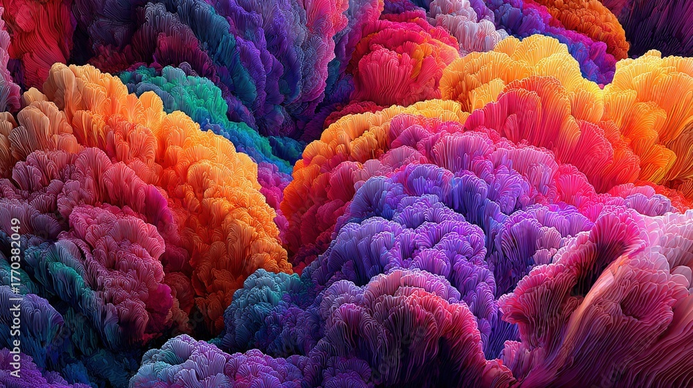 A stunning display of colorful textures fills the scene, featuring rich purple and orange hues that create an abstract landscape.