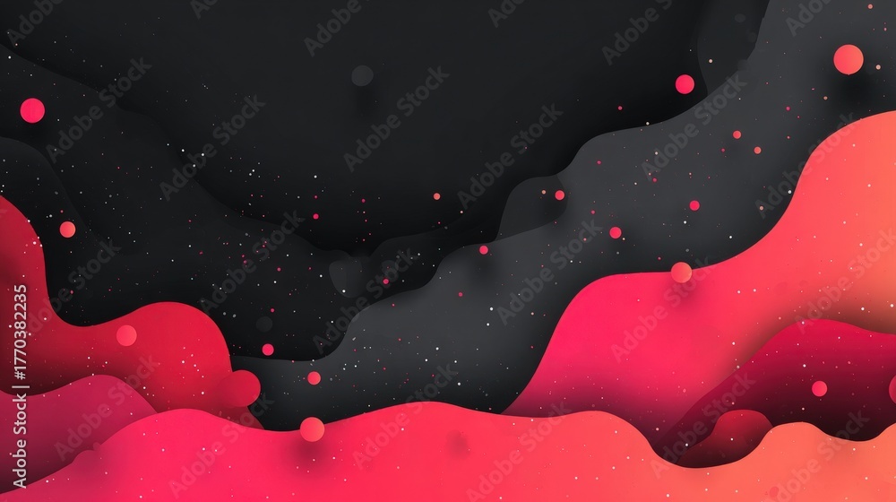 This scene showcases a vibrant abstract design featuring smooth, flowing waves in shades of red and black. Small dots are scattered throughout the composition, adding depth and texture.