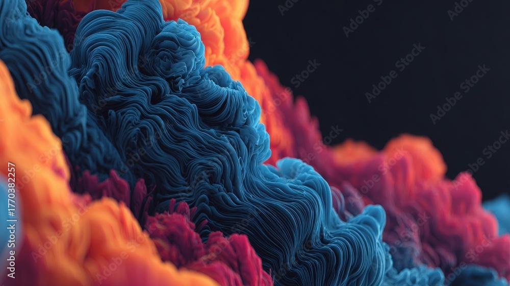 This artwork displays a dynamic and colorful abstract pattern showcasing flowing waves. Rich shades of blue, orange, and purple create a captivating visual, evoking a sense of movement and depth.