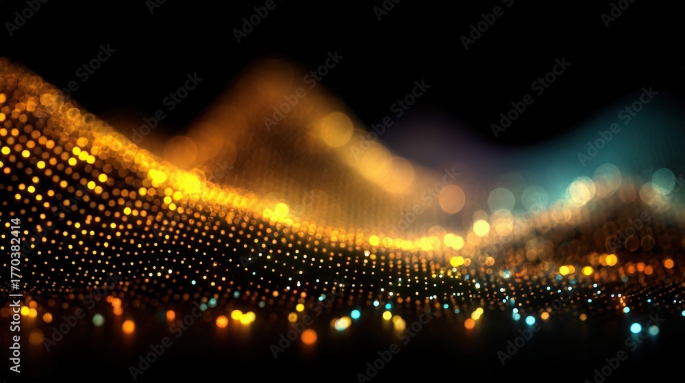 Dazzling bright dots form a wave pattern against a dark background, displaying various colors and shimmering effects. The scene evokes a sense of depth and movement, creating an enchanting atmosphere.