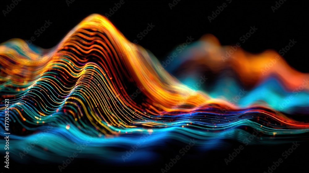 The scene shows dynamic wave patterns in bright colors against a dark background. These colorful lines resemble sound waves, illustrating energy and motion.
