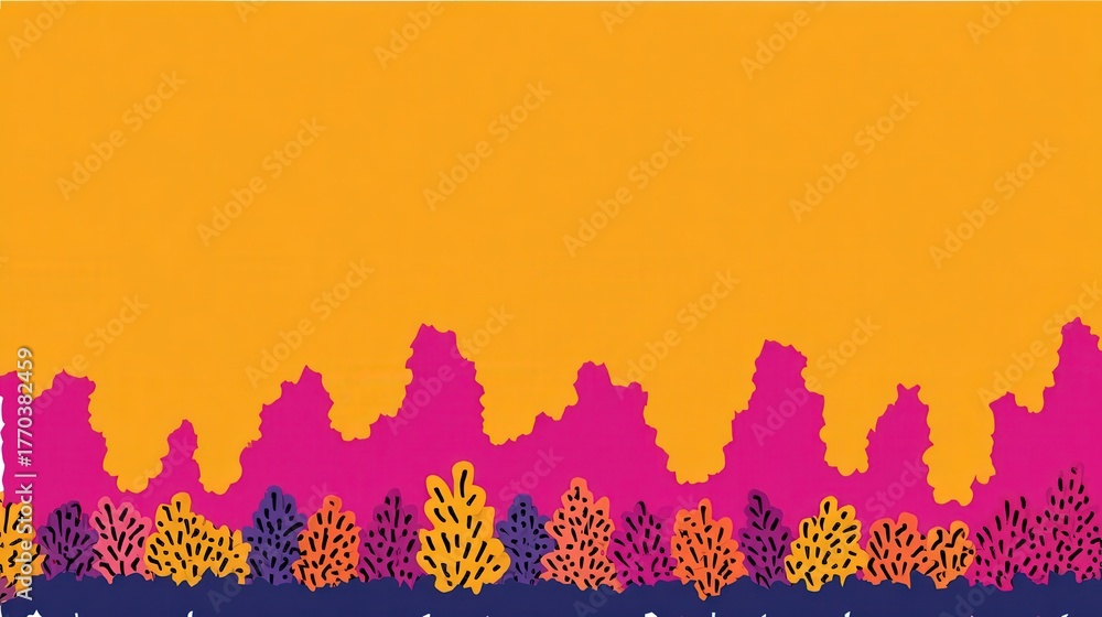 Vibrant foliage in shades of pink, orange, and blue creates a colorful landscape. The design suggests a sunset scene with stylized plants and abstract shapes at the horizon.