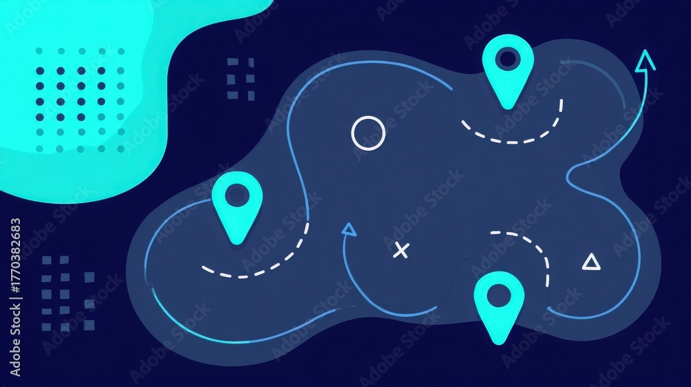 A vibrant map with various routes and location markers. The design utilizes blue tones with abstract shapes in the background, creating a contemporary feel.