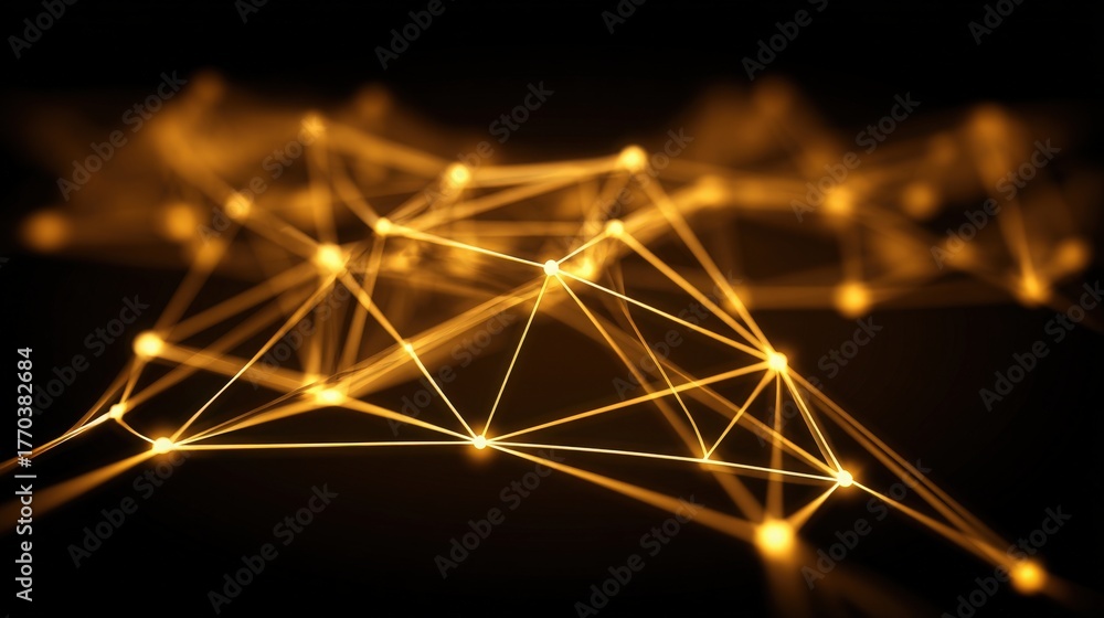 Bright golden lines create a network of interconnected nodes against a dark background. The design showcases a dynamic web, symbolizing connection and technology.