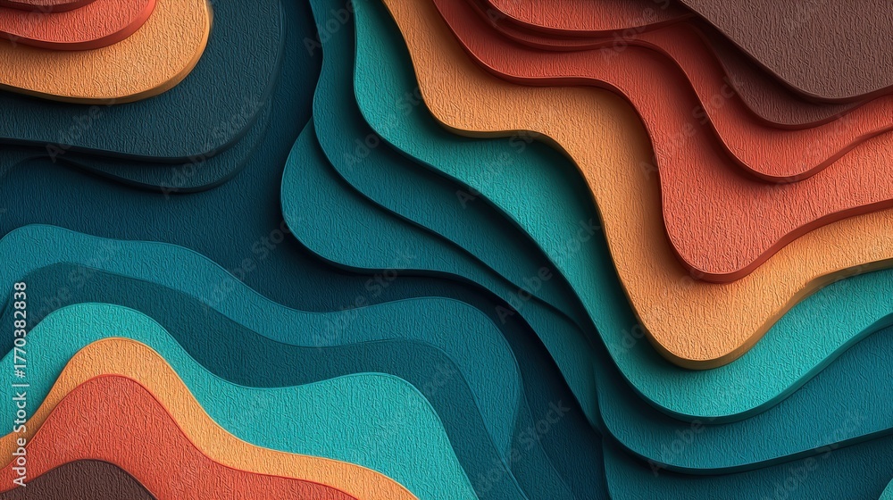 This design features vibrant layers of color in shades of blue, orange, and green, arranged in wavy patterns.