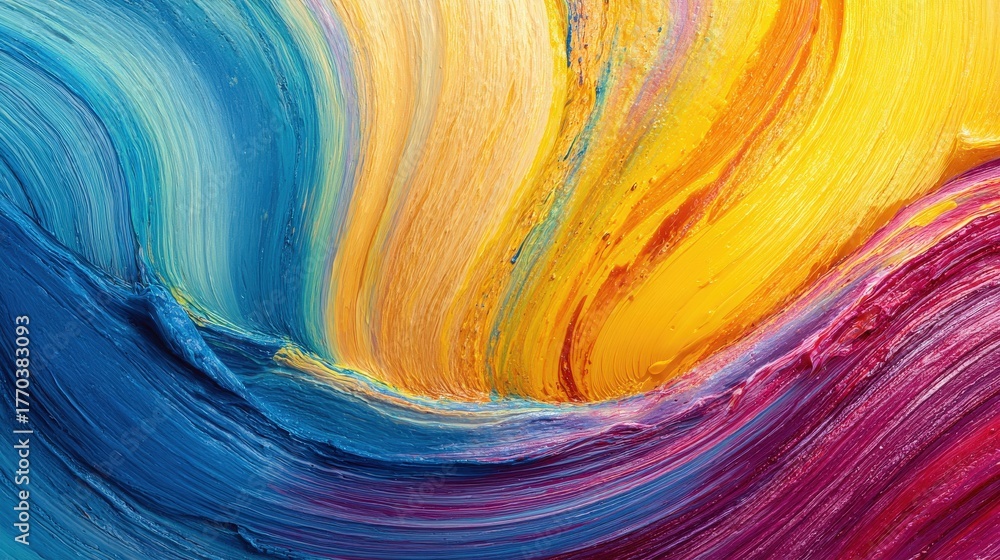 A colorful abstract artwork features flowing swirls of blue, yellow, and purple. The bold brushstrokes create a sense of movement and energy. The piece invites the viewer to explore the vibrant hues.