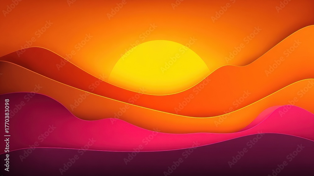 A vibrant sunset lights up the sky with a warm yellow hue. Wavy hills in shades of orange, pink, and purple create a stunning landscape scene. The colors blend smoothly, offering a beautiful view.