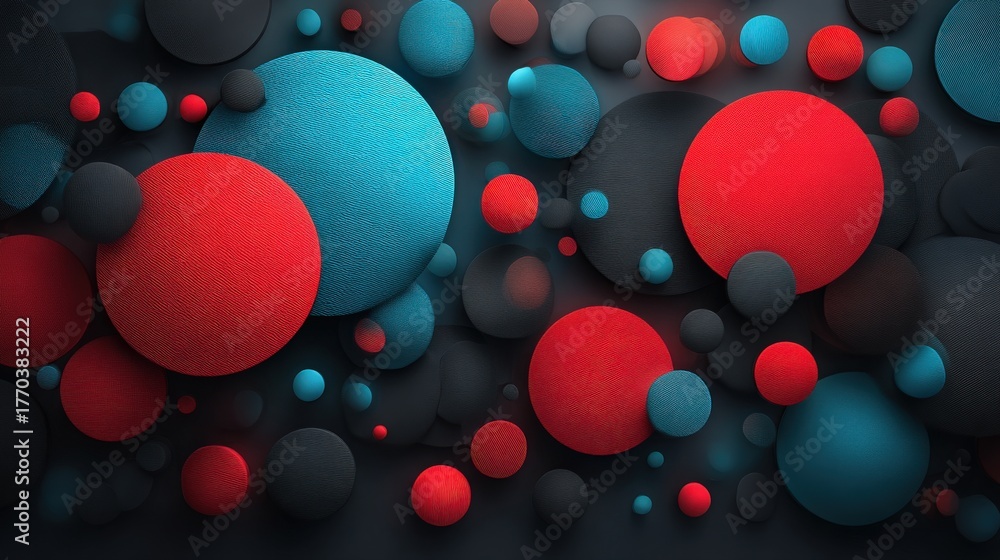 Vibrant circles in red, blue, and black are layered against a dark background, creating a dynamic and visually appealing abstract composition that draws the viewers attention.